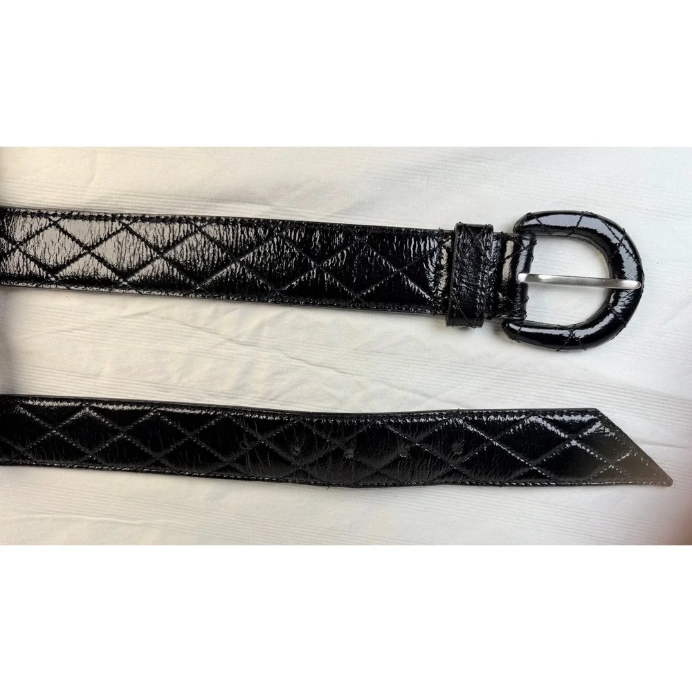 Talbots Black Patent Quilted Leather Belt Oval Buckle XS Genuine Leather